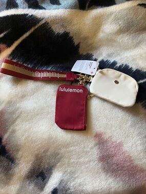 lululemon Burgundy and Cream Wristlet Key Pouch Set with Strap NWT